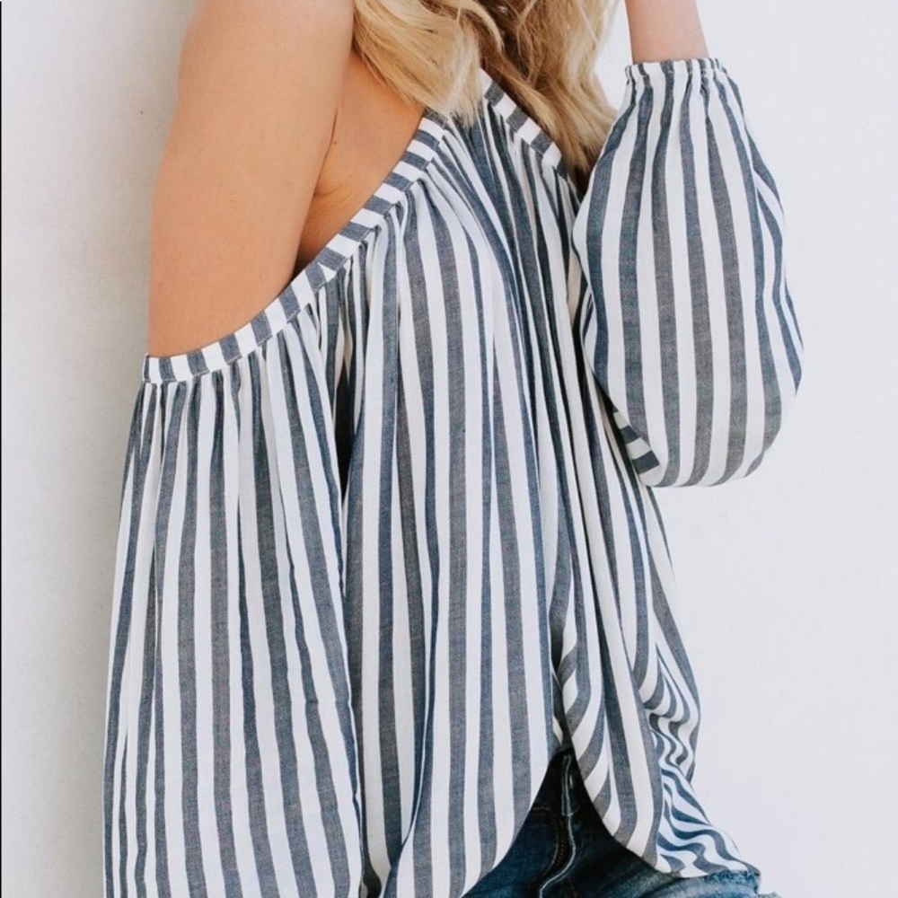 5⭐️ /SERENITY/ Cold Shoulder Striped Blouse Top - Picture 4 of 9